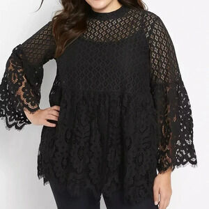 Lane Bryant Lace Babydoll Peplum Bell Sleeve Mock Neck Tunic Sz 20 NWT Burgundy